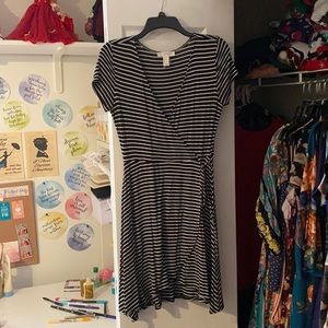 Black and white striped wrap dress